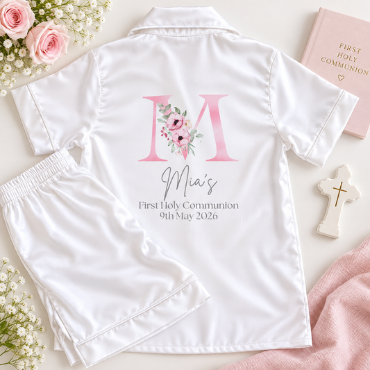 Personalised White Communion Satin Pajamas