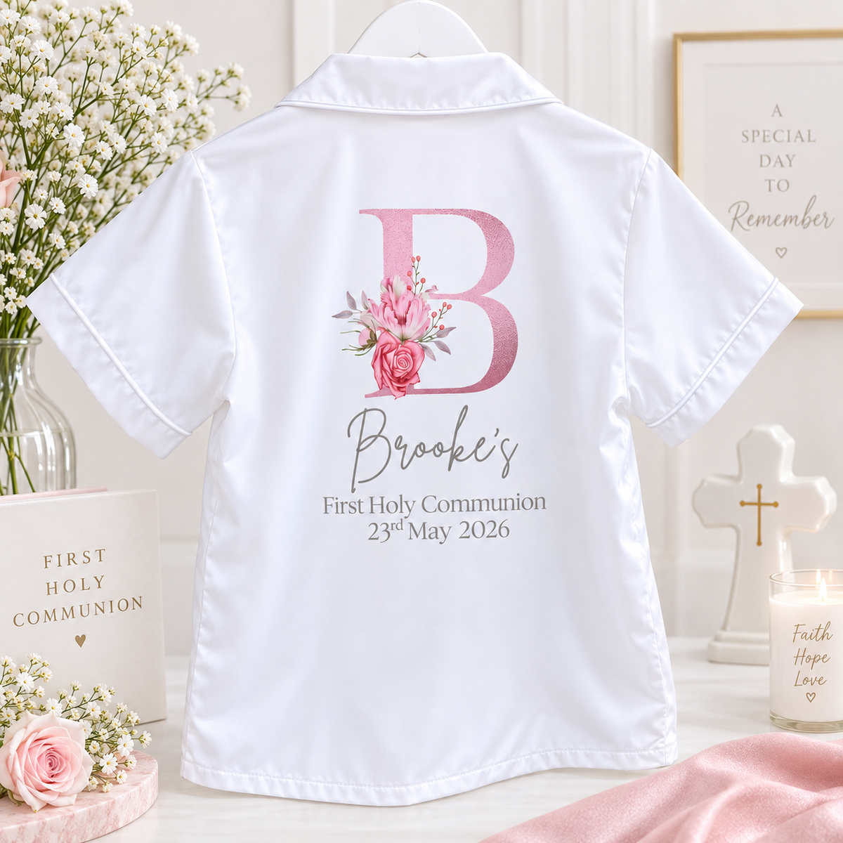 Personalised White Communion Satin Pajamas